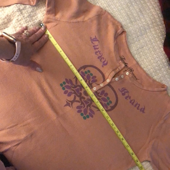 Lucky brand thermal waffle long sleeve tee peach heart print pink button Henley - Picture 2 of 2